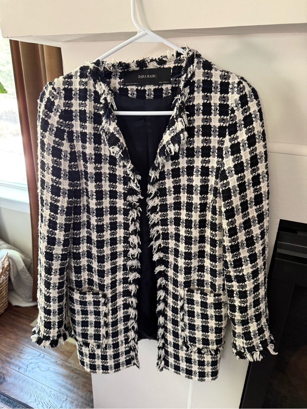 Zara Black & White Tweed Fringe Open-Front Jacket